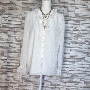 LOFT Medium Women's Clip-Dot Long-Sleeve Tie-Neck Elegant Cream Ruffled Blouse